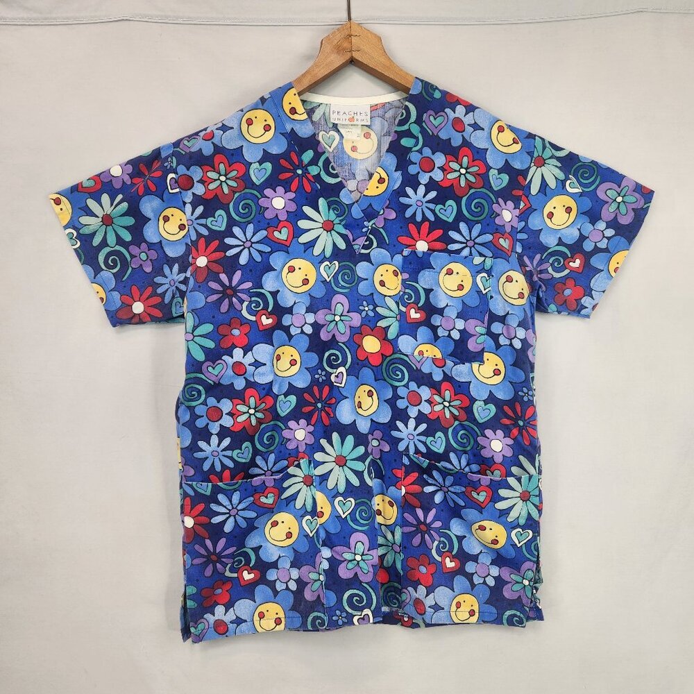 Peaches Uniforms Scrub Top Size XS Blue Floral Smiley Face V-neck Short Sleeve